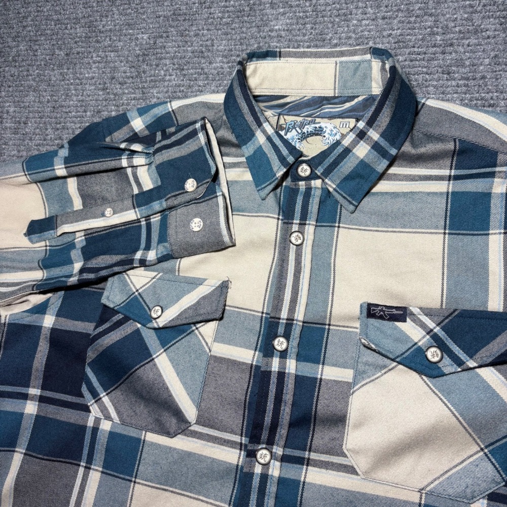 Retro Rifle The Great Wave Plaid Flannel Shirt Mens Medium Blue Super Stretch